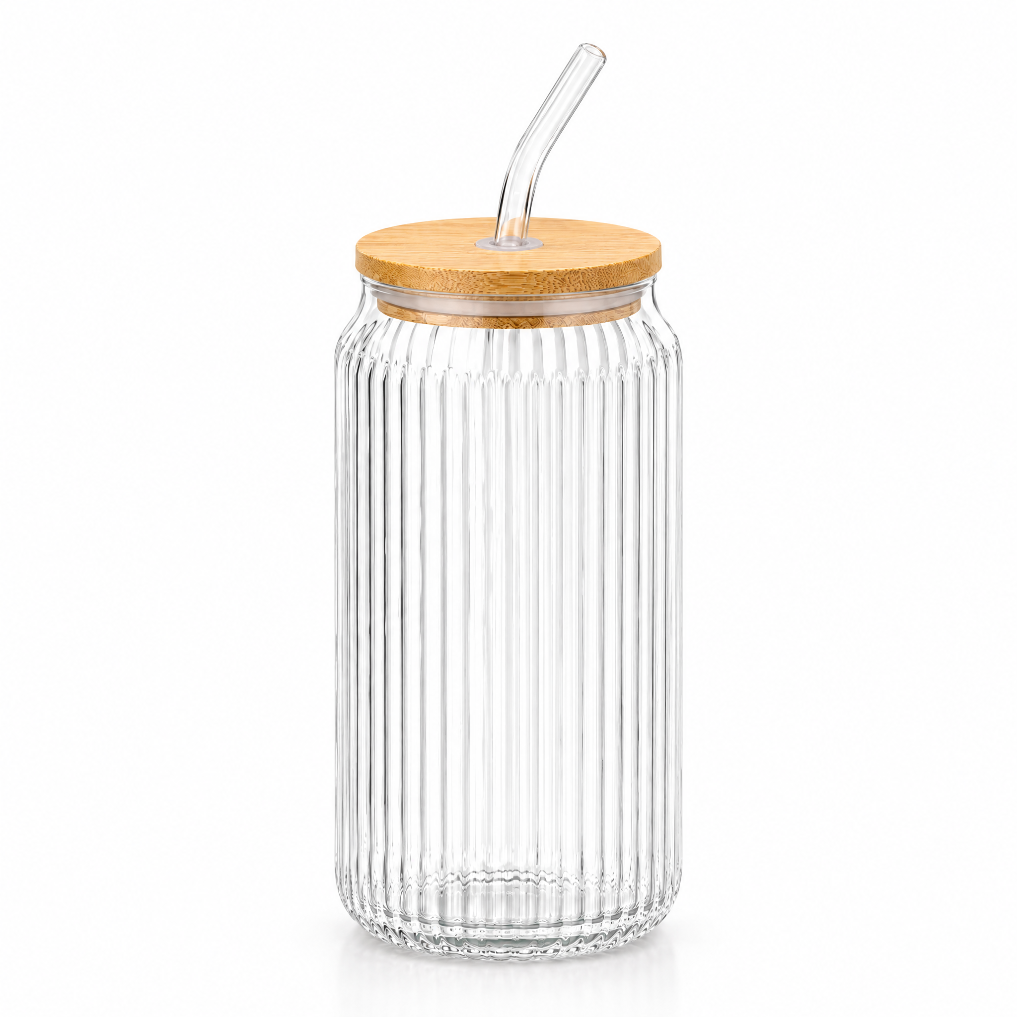 SW10388 – Produkt- und Verschlussansicht, Trinkglas, geriffeltes Glas, Bambusdeckel, Glasstrohhalm, transparent
