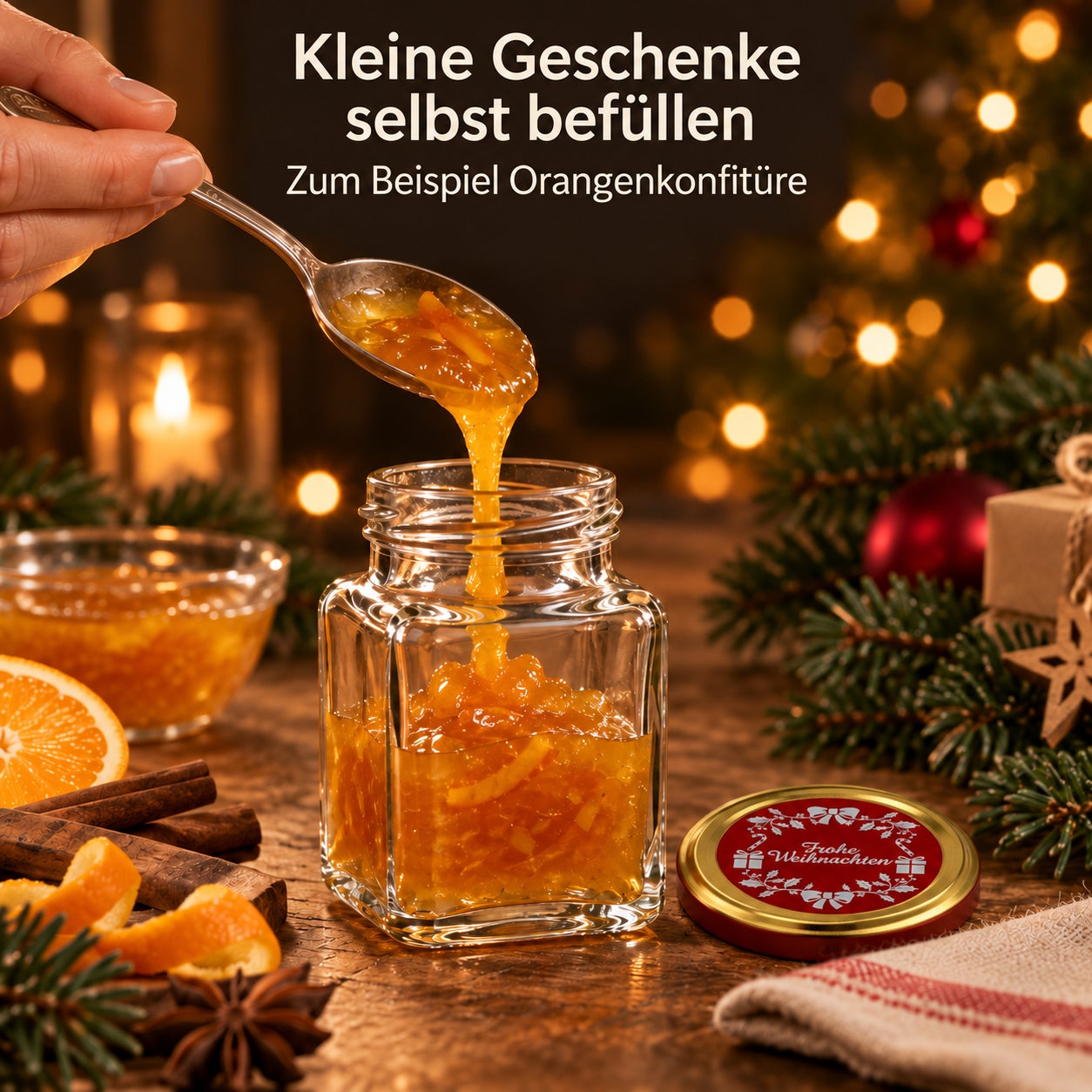Glas mit Weihnachtsmotivdeckel – RG150, Einmachglas, Orangenkonfitüre, Glasbehälter, Schraubdeckel, Weihnachtsmotiv