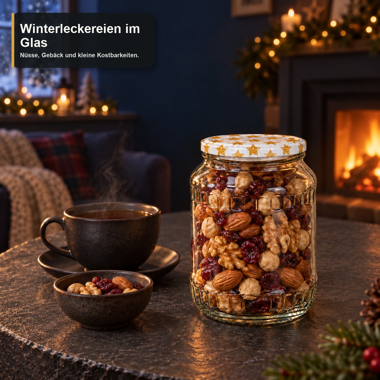 Glas mit Weihnachtsmotivdeckel – Sterne720, Vorratsglas, Glasbehälter, Sternmotiv, Schraubdeckel, Nüsse und Trockenfrüchte