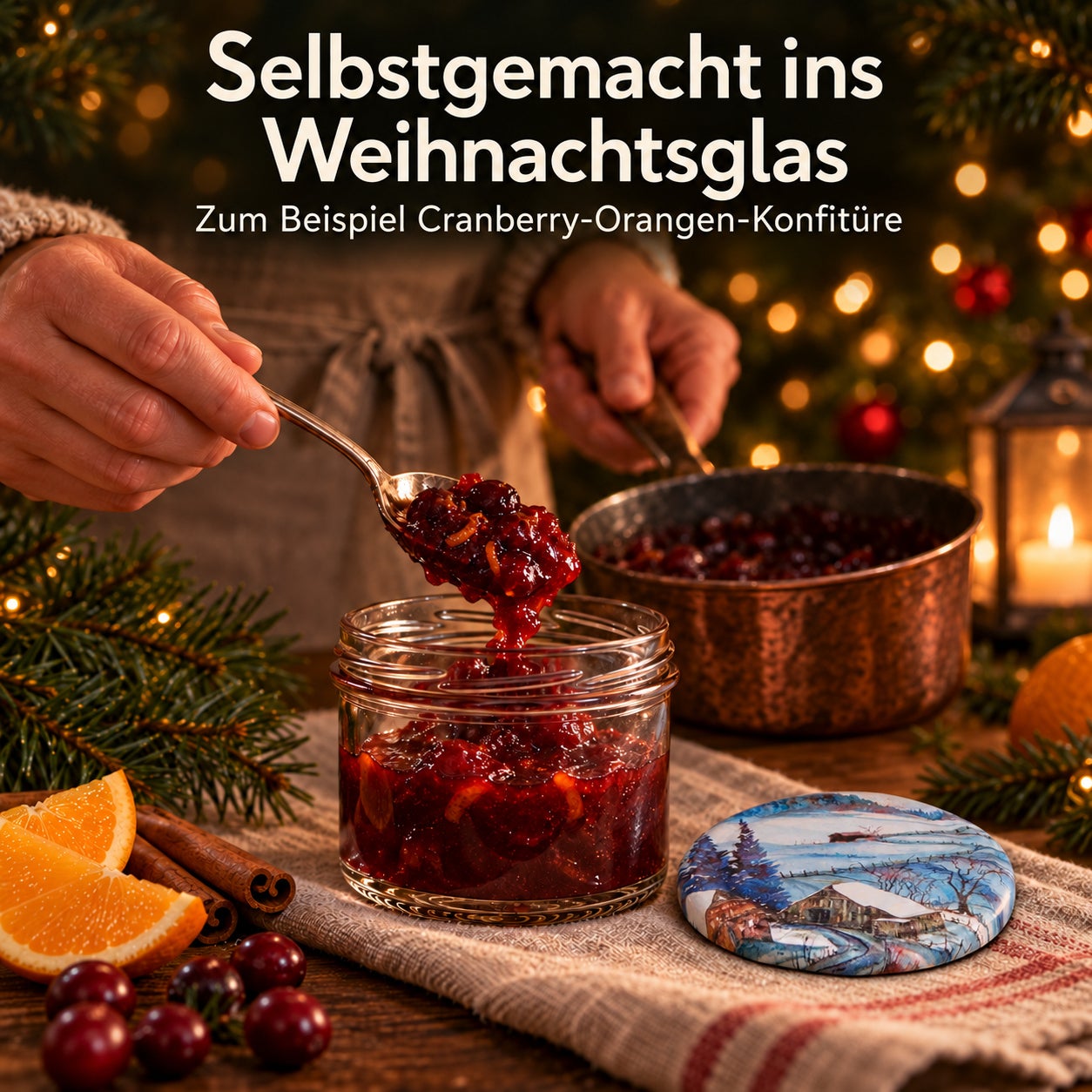 Glas mit Weihnachtsmotivdeckel – Winter230, Einmachglas, Weihnachtskonfitüre, Cranberry-Orange, Glasbehälter, Schraubdeckel