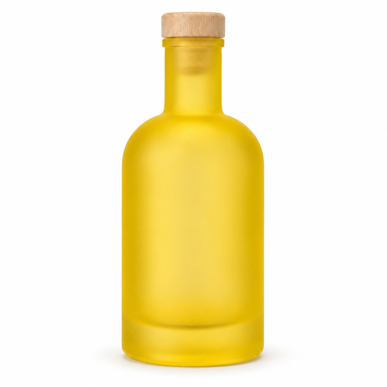 250 ml Klassikflasche frosted Gelb mit Holzgriffverschluss, runde Schulter und dicker Glasboden, Glasflasche, Gelbes Glas, Mattglas, Holzverschluss, Rundbauchflasche