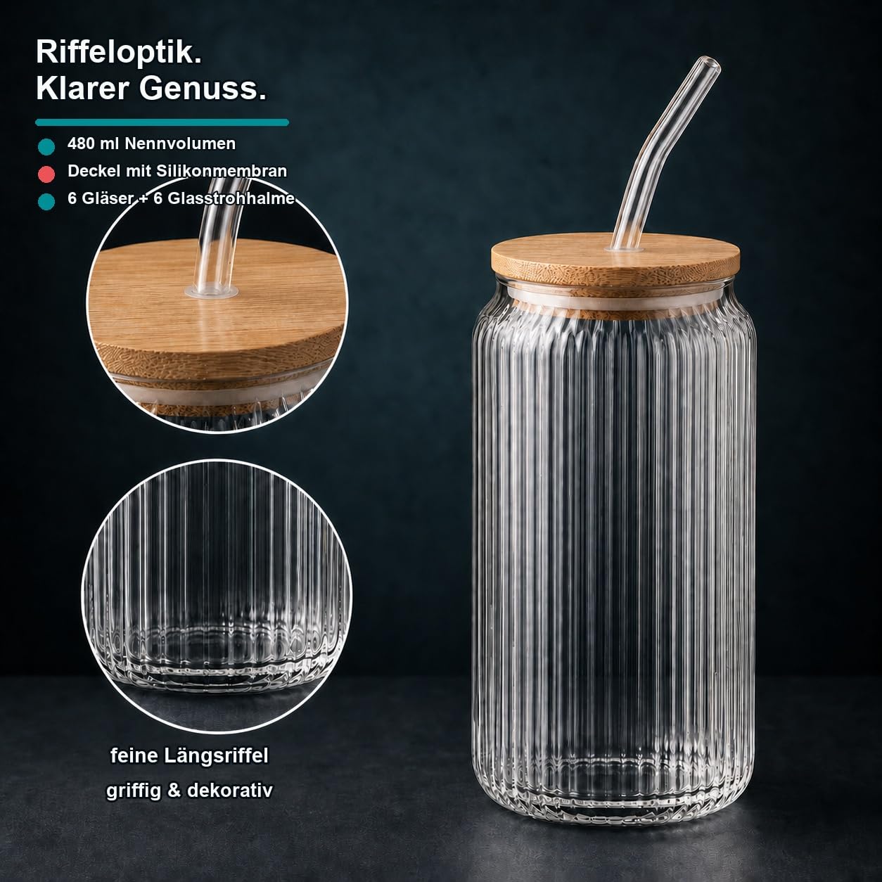 Glasflasche, Strohhalm-Set, Holzdeckel, Silikonmembran, gerilltes Muster