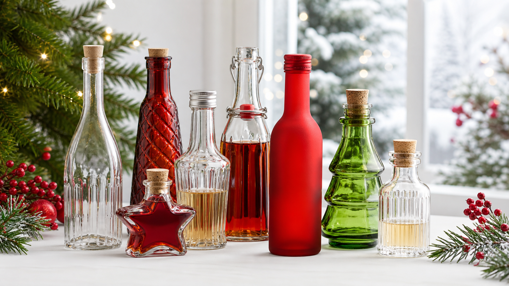Festlich arrangierte Glasflaschen für Weihnachten
