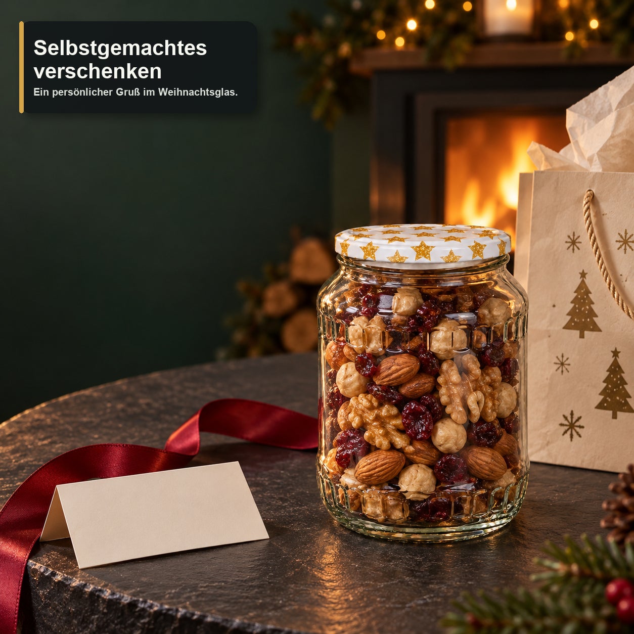 Glas mit Weihnachtsmotivdeckel – Sterne720, Vorratsglas, Glas mit Deckel, Nuss-Frucht-Mischung, Sternenmuster, Weihnachtsgeschenk