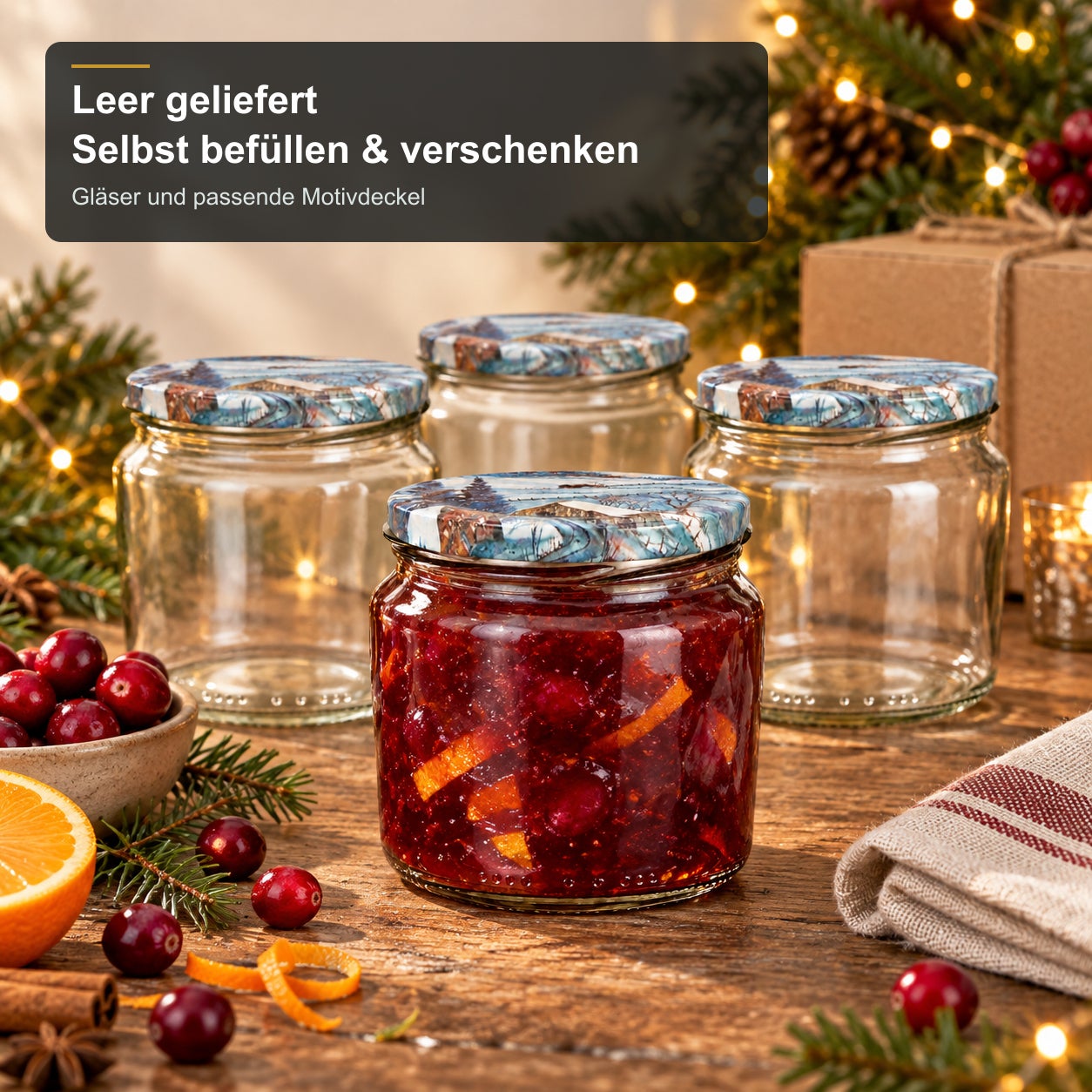 Glas mit Weihnachtsmotivdeckel – Winter360, Einmachgläser, Glas, Motivdeckel, Schraubverschluss, Leer geliefert