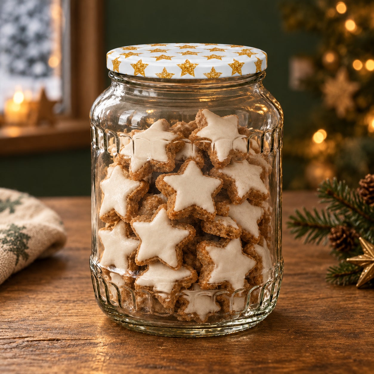 Glas mit Weihnachtsmotivdeckel – Sterne720, Vorratsglas, Glas, Schraubdeckel, Sternmotiv, Weihnachtsplätzchen