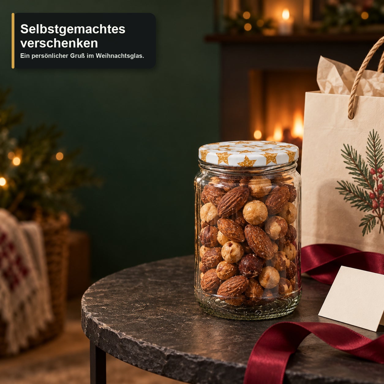 Glas mit Weihnachtsmotivdeckel – Sterne580, Glasgefäß, Nussmischung, Schraubdeckel, Sternenmuster, Weihnachtsgeschenk