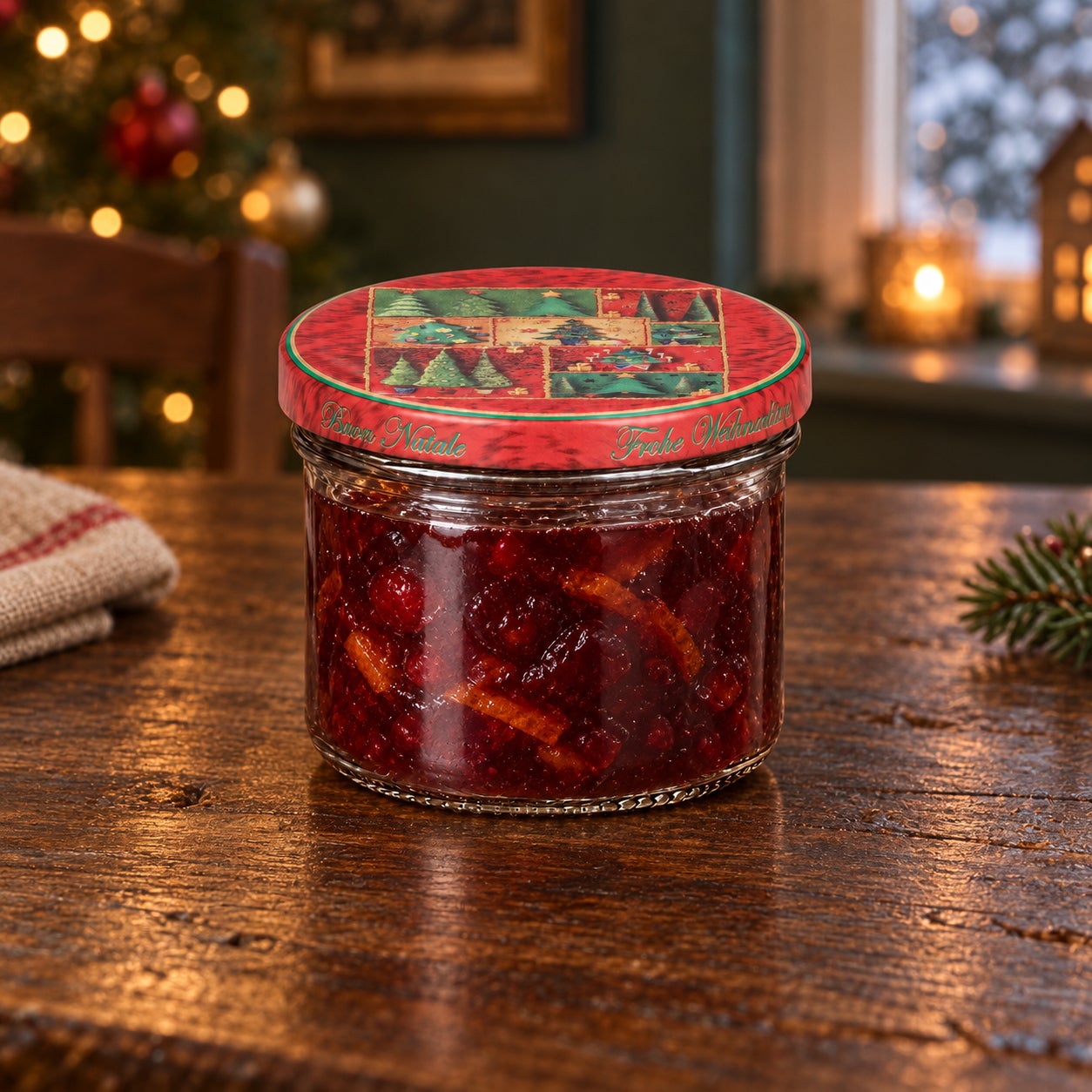 Glas mit Weihnachtsmotivdeckel – Tanne230, Fruchtaufstrich, Glasgefäß, rote Beeren, Weihnachtsmotiv, roter Schraubdeckel