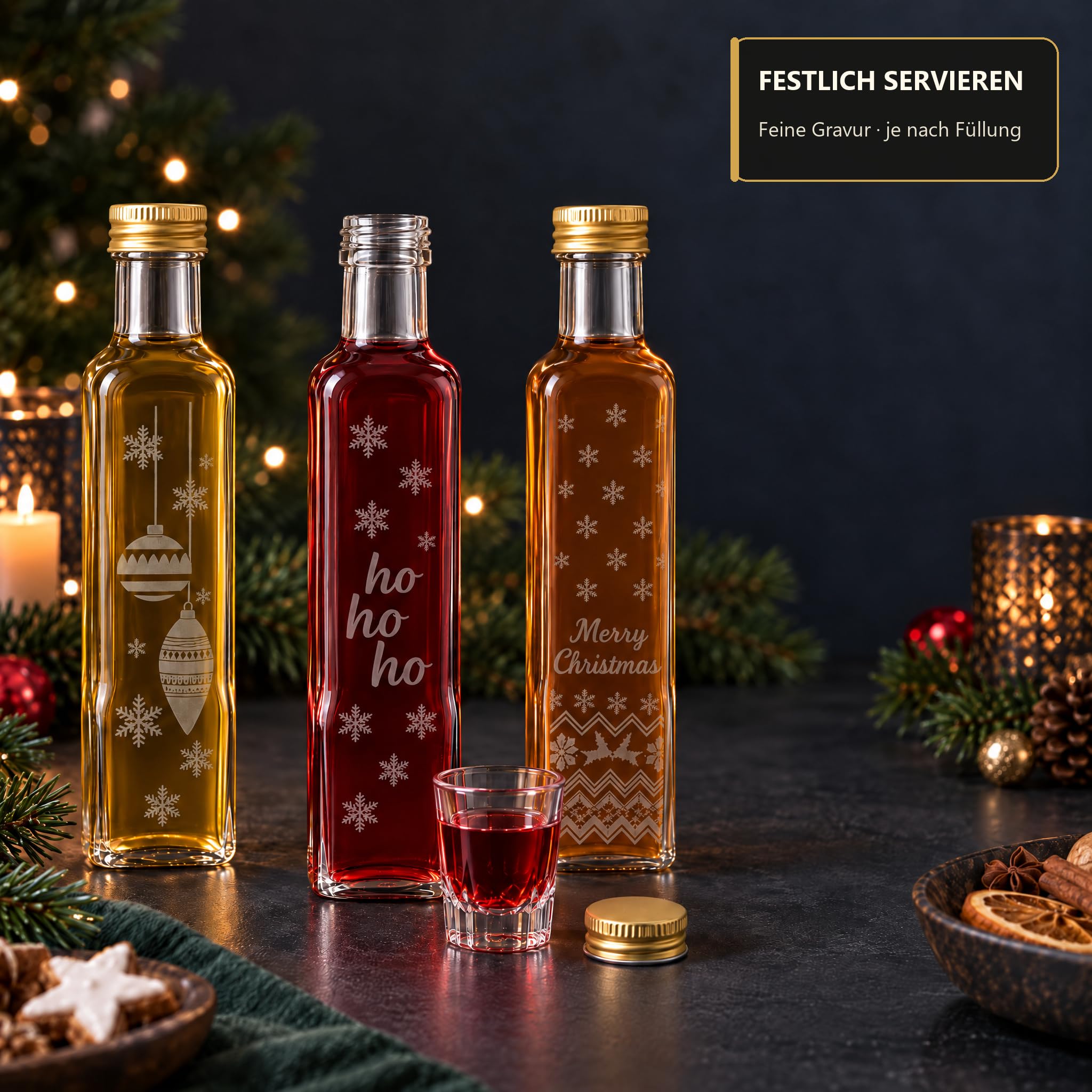 Maraska250 ml · Gold-Ausführung · Anwendungsbeispiel, leere Lieferung, Flasche, Weinige, Weihnachtsdekoration, Glasflasche, Bohnenrömer