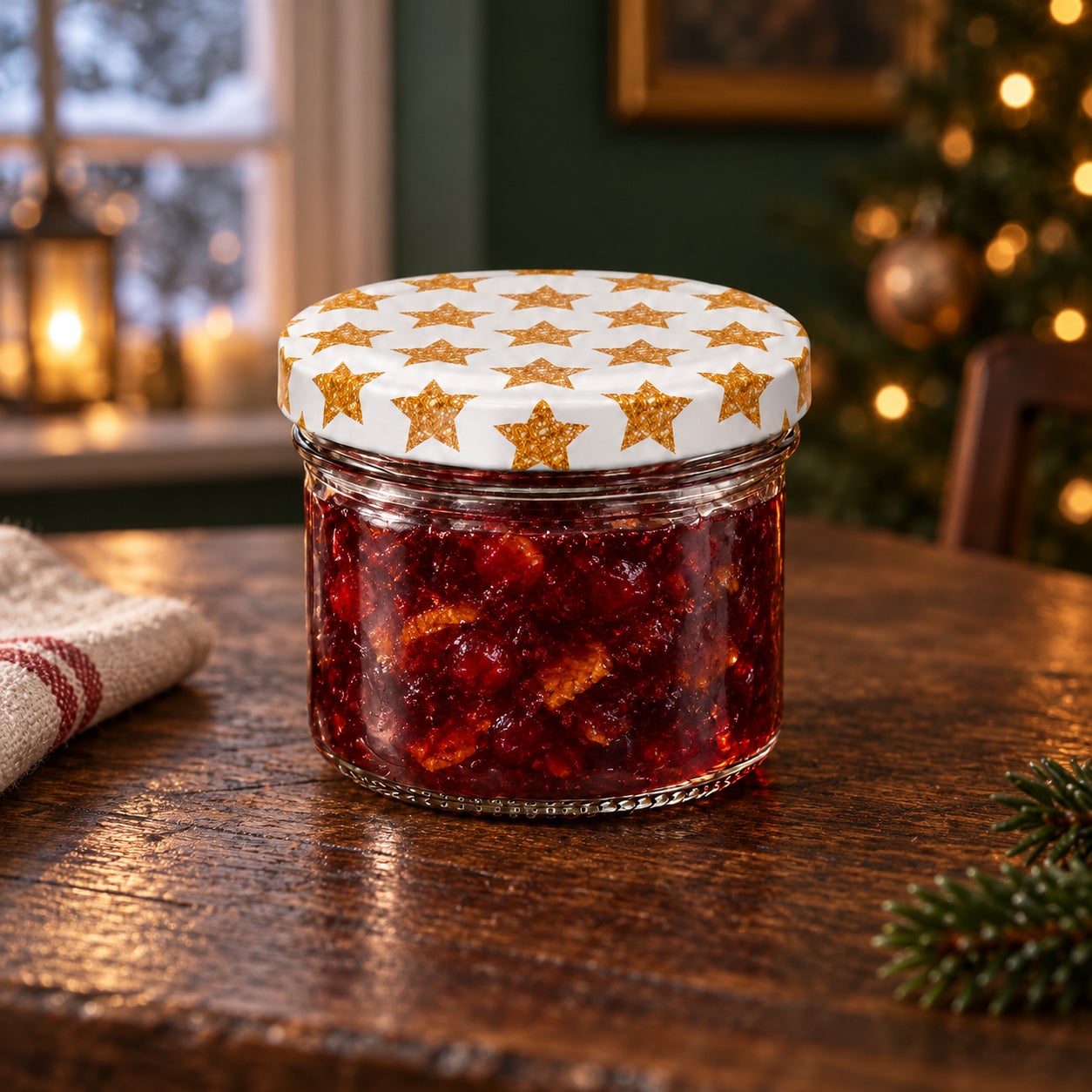 Glas mit Weihnachtsmotivdeckel – Sterne230, Einmachglas, Fruchtaufstrich, Glasbehälter, Sternenmuster, Weiß-goldener Deckel