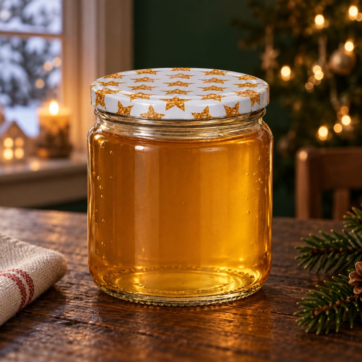 Glas mit Weihnachtsmotivdeckel – Sterne405, Honigglas, Goldener Honig, Glasbehälter, Sternmotiv, Schraubdeckel