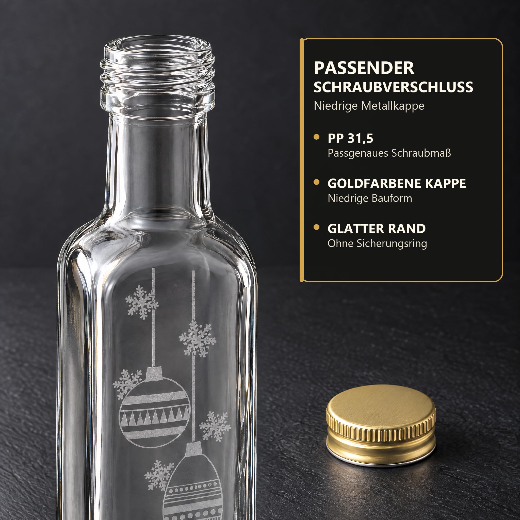 Maraska250 ml · Gold-Ausführung · Verschlussdetail, Glasflasche, Weihnachtsornamente, Kappe, Schraubverschluss, klar