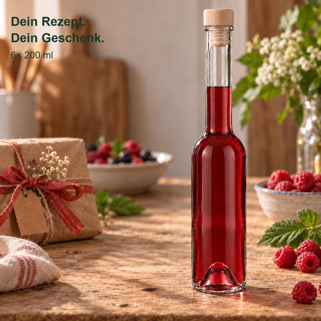 Sinfonie 200 ml gefüllt als selbstgemachtes Geschenk in warmem Wohnambiente; 6er-Set mit gravierten Holzgriffkorken., Korkenflasche, Rotwein, Klarer Flaschenhals, Roter Saft/Likör, Glasflasche