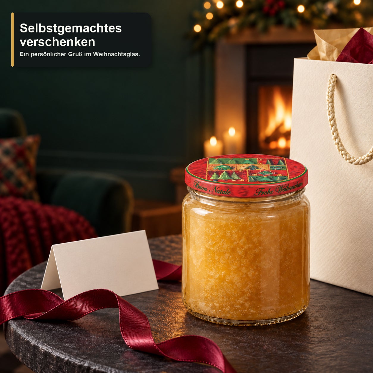 Glas mit Weihnachtsmotivdeckel – Tanne405, Weihnachtsgeschenk, Glasgefäß, Fruchtaufstrich, roter Schraubdeckel, Weihnachtsmotiv