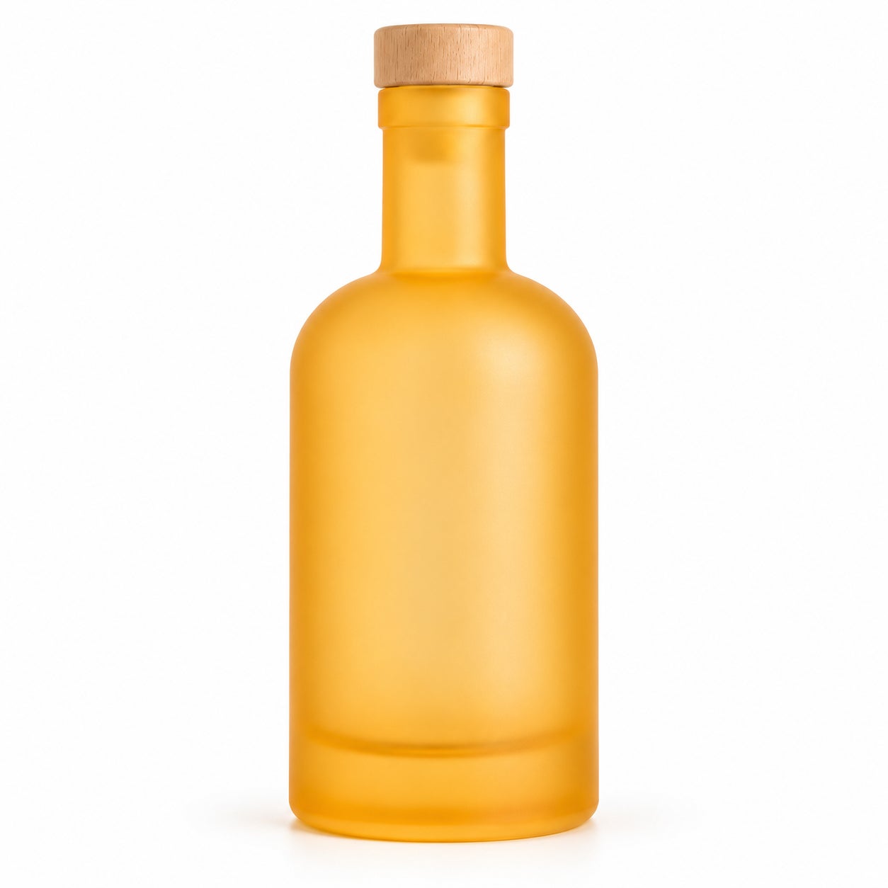 250 ml Klassikflasche frosted Orange mit Holzgriffverschluss, runde Schulter und dicker Glasboden, Glasflasche, Bernsteinfarben, Mattglas, Holzverschluss