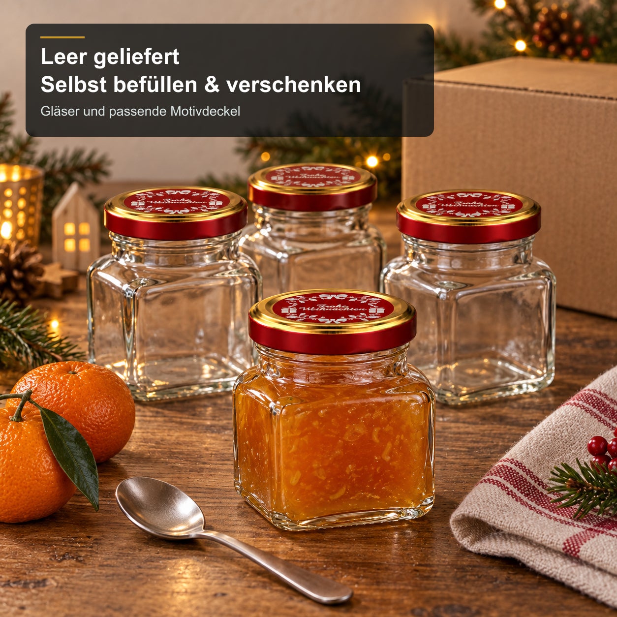 Glas mit Weihnachtsmotivdeckel – RG120, Einmachgläser, Klarglas, Eckige Gläser, Rote Schraubdeckel, Motivdeckel