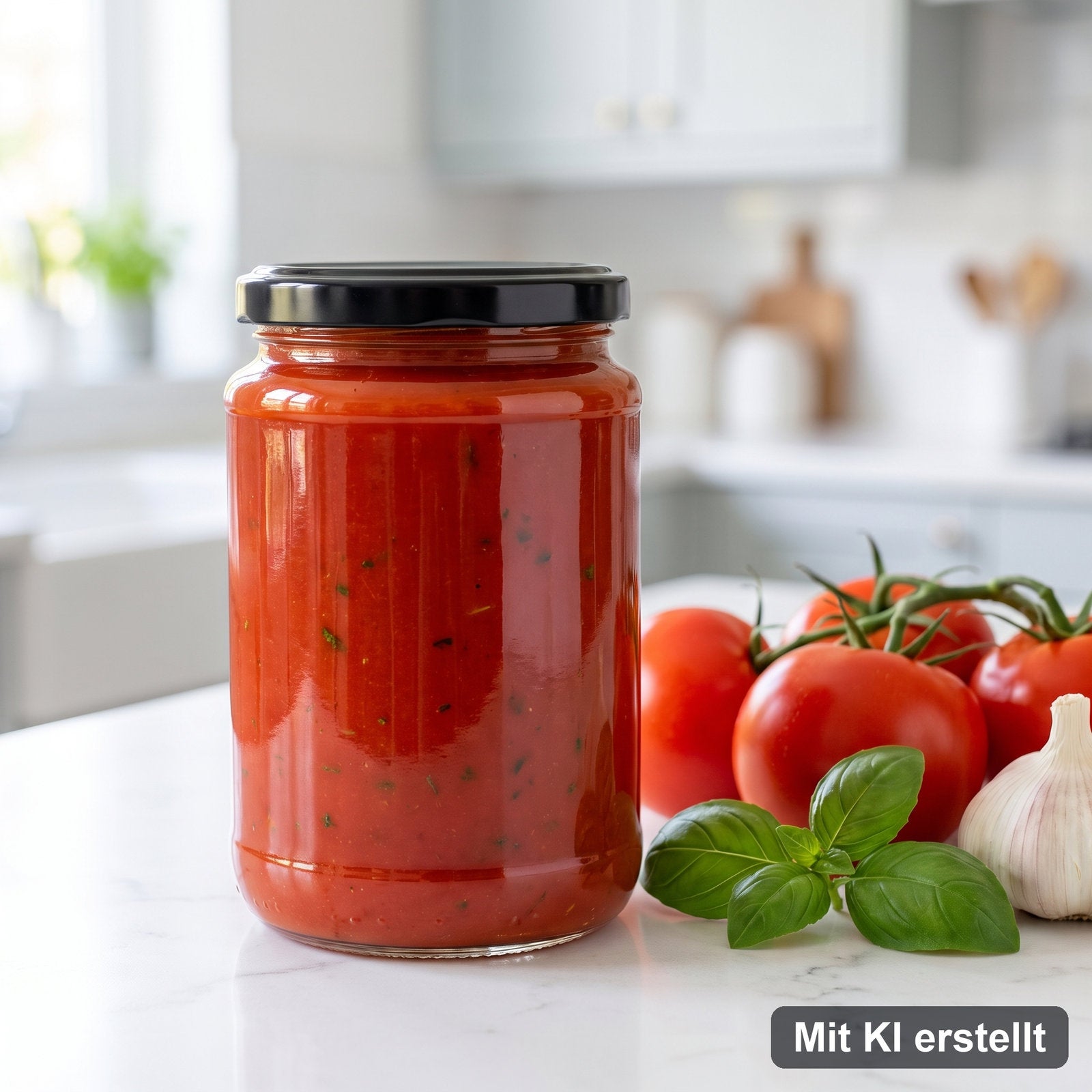 Eingekochte Tomatensauce im Vorratsglas – mit KI erstellt