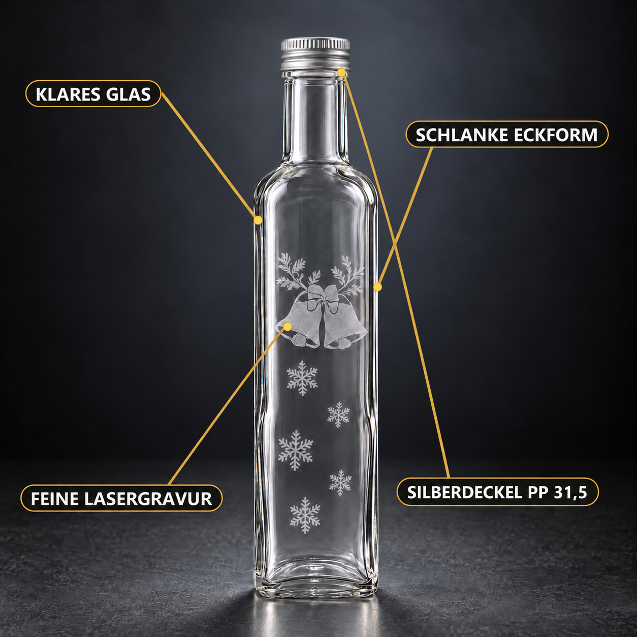 Maraska250 ml · Silber-Ausführung · Motivauswahl und Lieferumfang, Glasflasche, Silberdeckel, Lasergravur, Schlankes Format, Weihnachtsmotiv