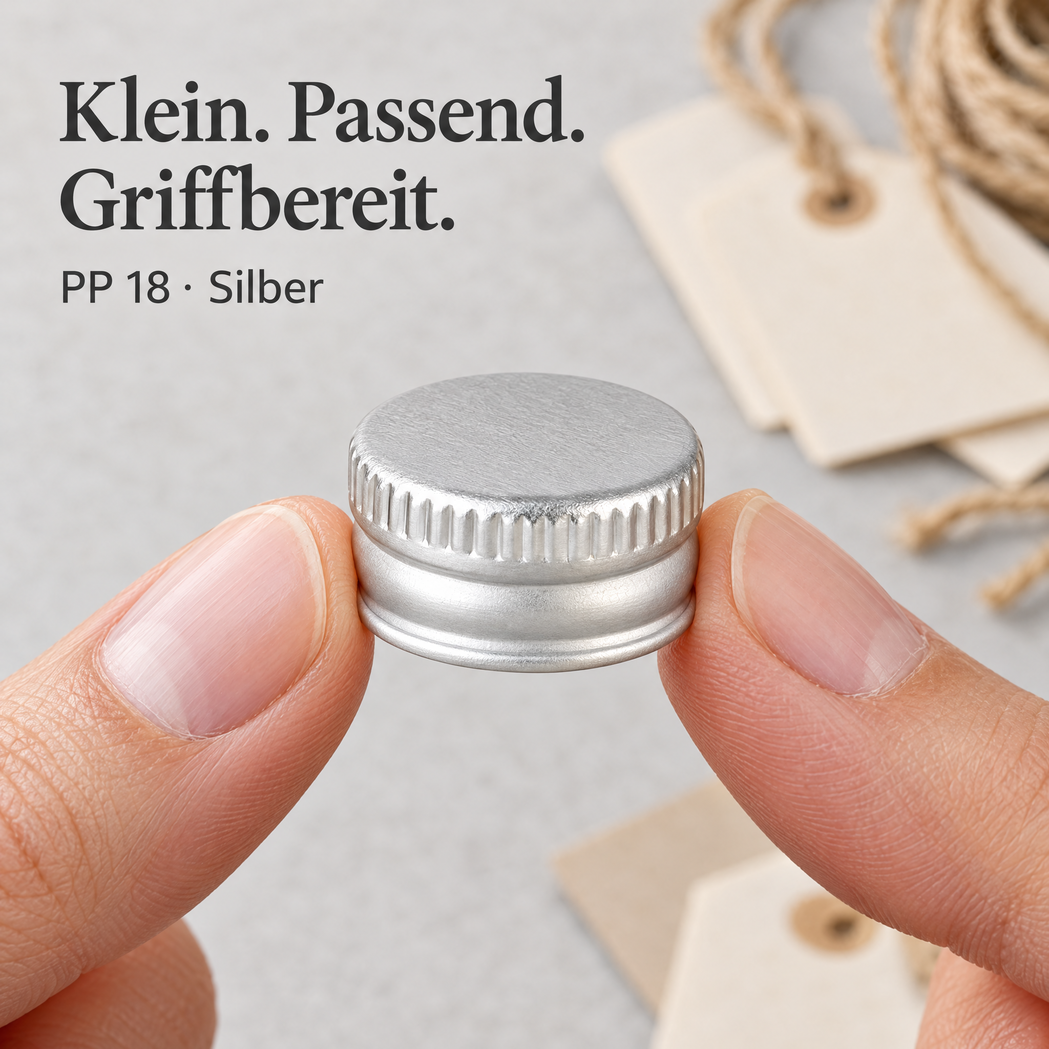 SCR1000 – Anwendungsbeispiel; dargestellte Füllung gehört nicht zum Lieferumfang, Flaschendeckel, Silberfarben, Kleinformat, Geriffelter Rand