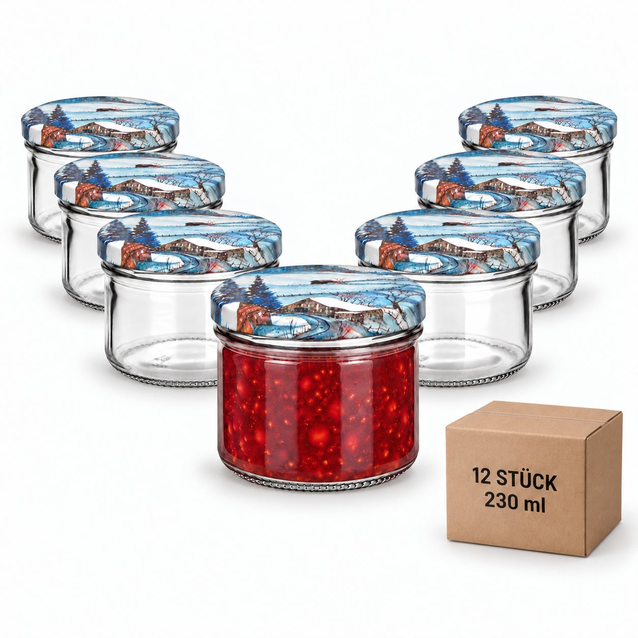 Glas mit Weihnachtsmotivdeckel – Winter230, Einmachgläser, Glas, Schraubdeckel, Wintermotiv, 12er-Set