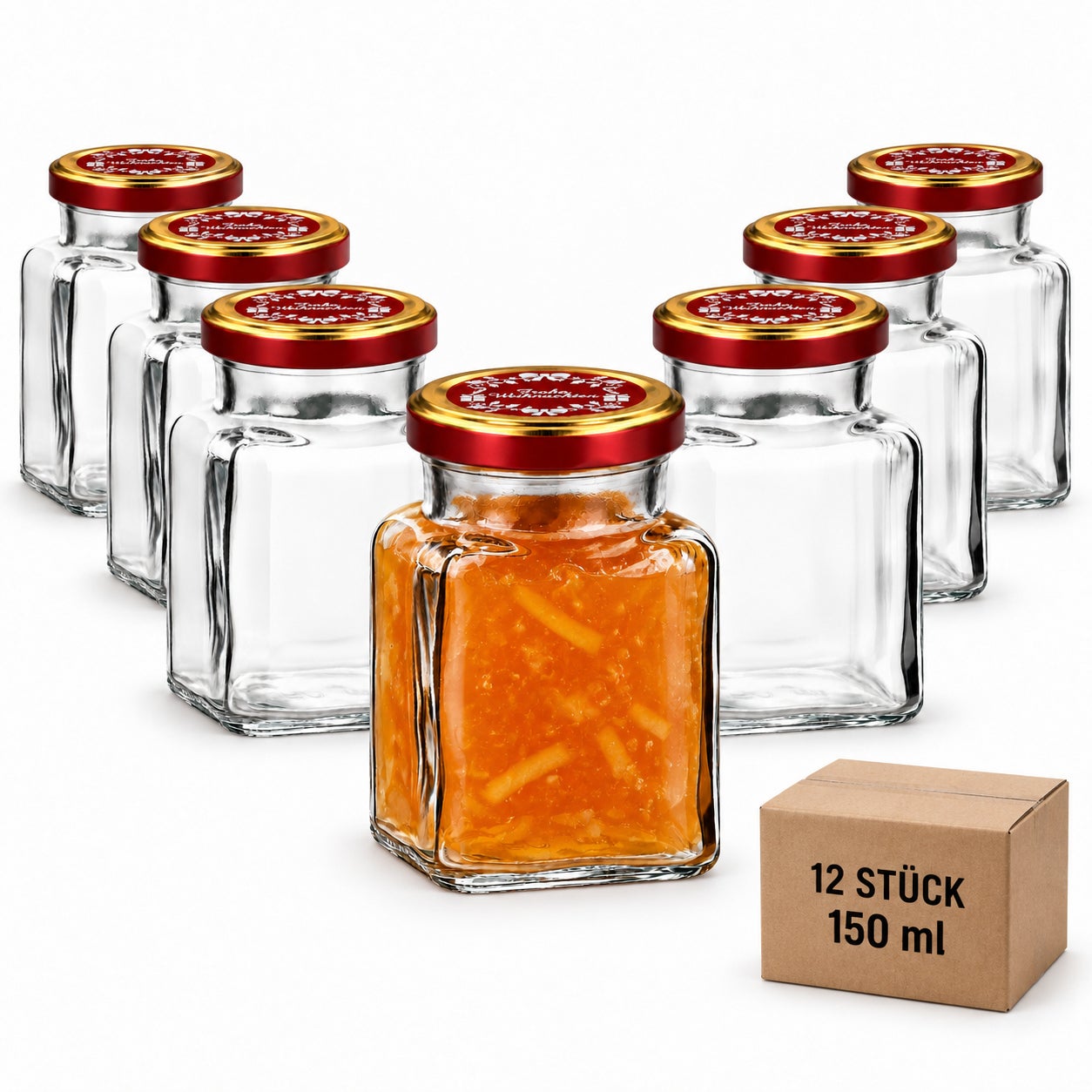 Glas mit Weihnachtsmotivdeckel – RG150, Einmachgläser, Klare Glasgläser, Rote Schraubdeckel, Eckige Gläser, 150 ml