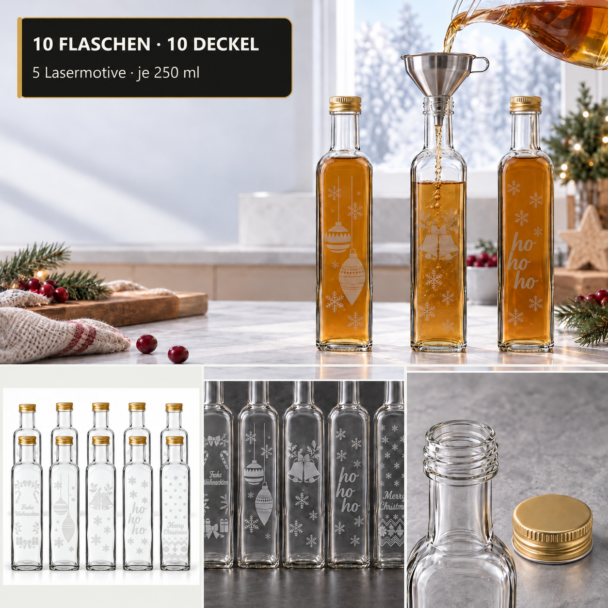 KorkenglasQuadrat50 ml · Gold-Ausführung · Anwendungsbeispiel, leere Lieferung, glasflaschen, kaltgepresst, weihnachtsdesign, gläserset, etikettenornamente