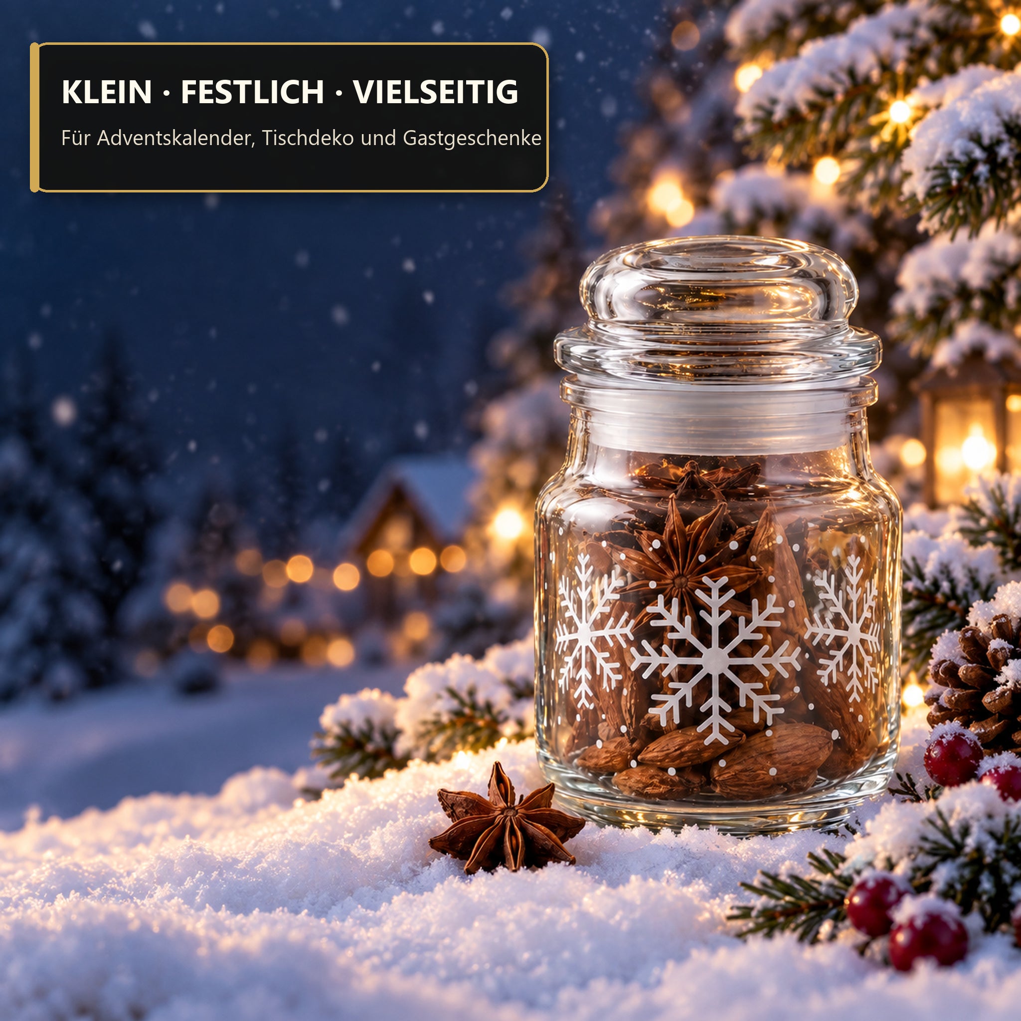 Vorhandenes Schneeflockenglas mit weißem Druck und Glaskorken im Winter, Weihnachtsglas, Glasbehälter, Schneeflocke, Nüsse, Keksdeko