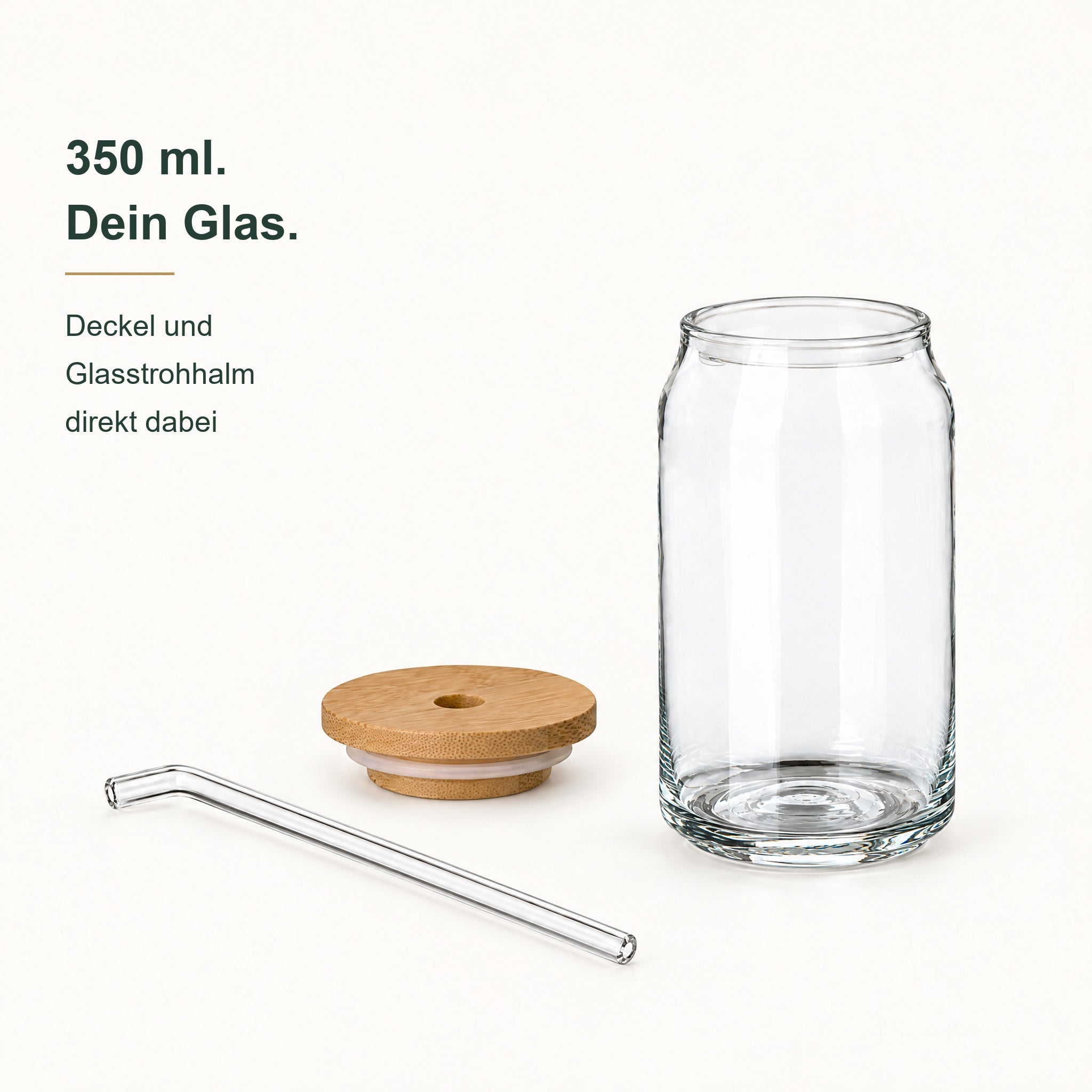 SW10301 – Produkt- und Verschlussansicht, Trinkglas, Borosilikatglas, Bambusdeckel, Glasstrohhalm, 350 ml