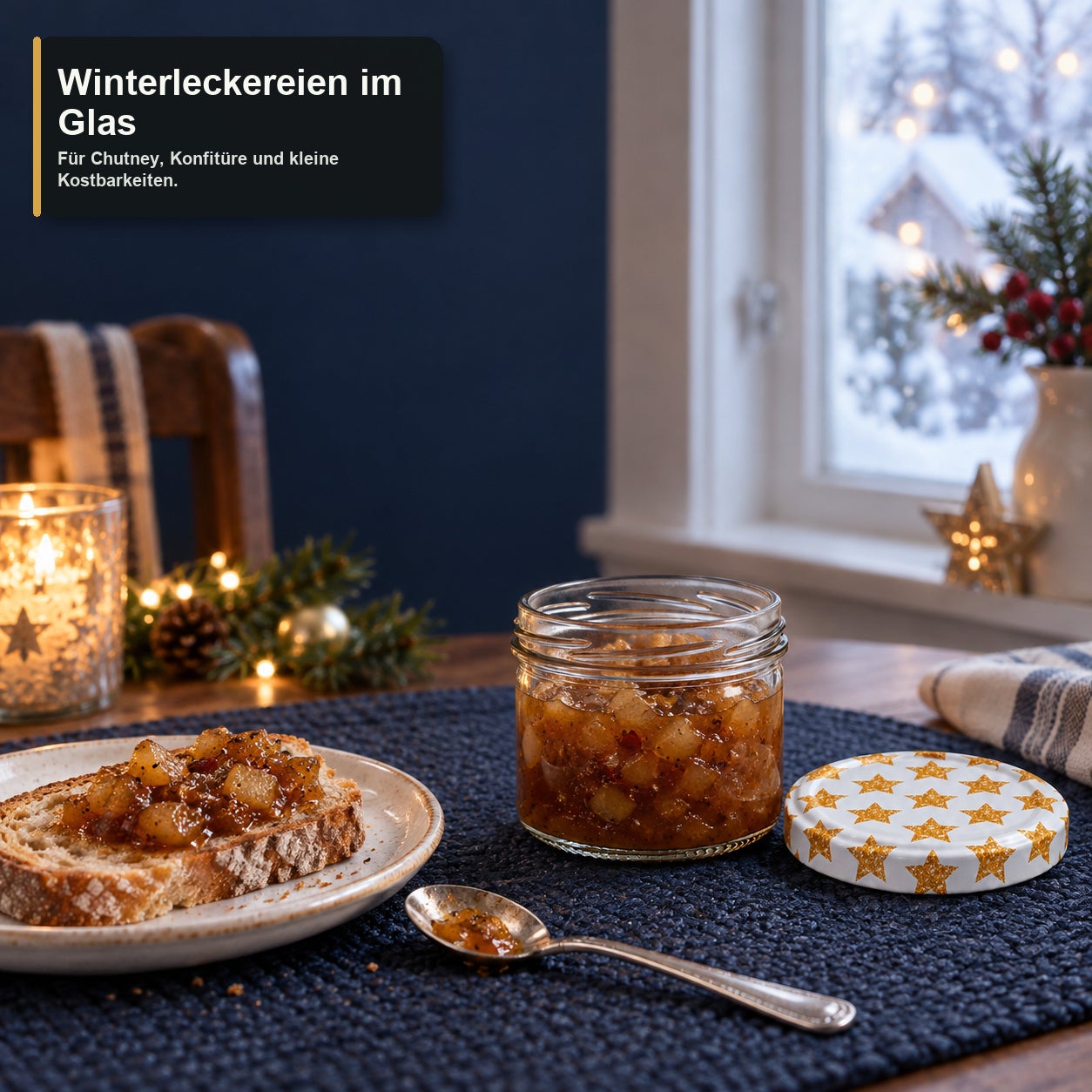 Glas mit Weihnachtsmotivdeckel – Sterne230, Einmachglas, Glasdeckel, Sternenmuster, Chutney, Schraubverschluss