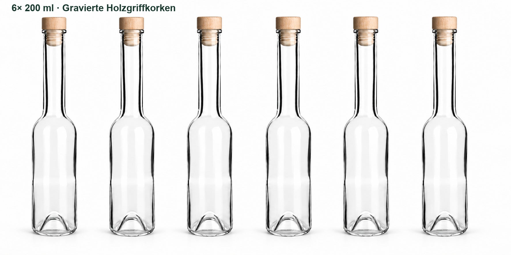 Sechs leere Sinfonie 200 ml-Flaschen mit sitzenden Holzgriffkorken in frontaler Reihe., Gravierte Holzgfirkorken, Holzkorken, Korkverschluss, Glasflasche, Brennrorken-Set