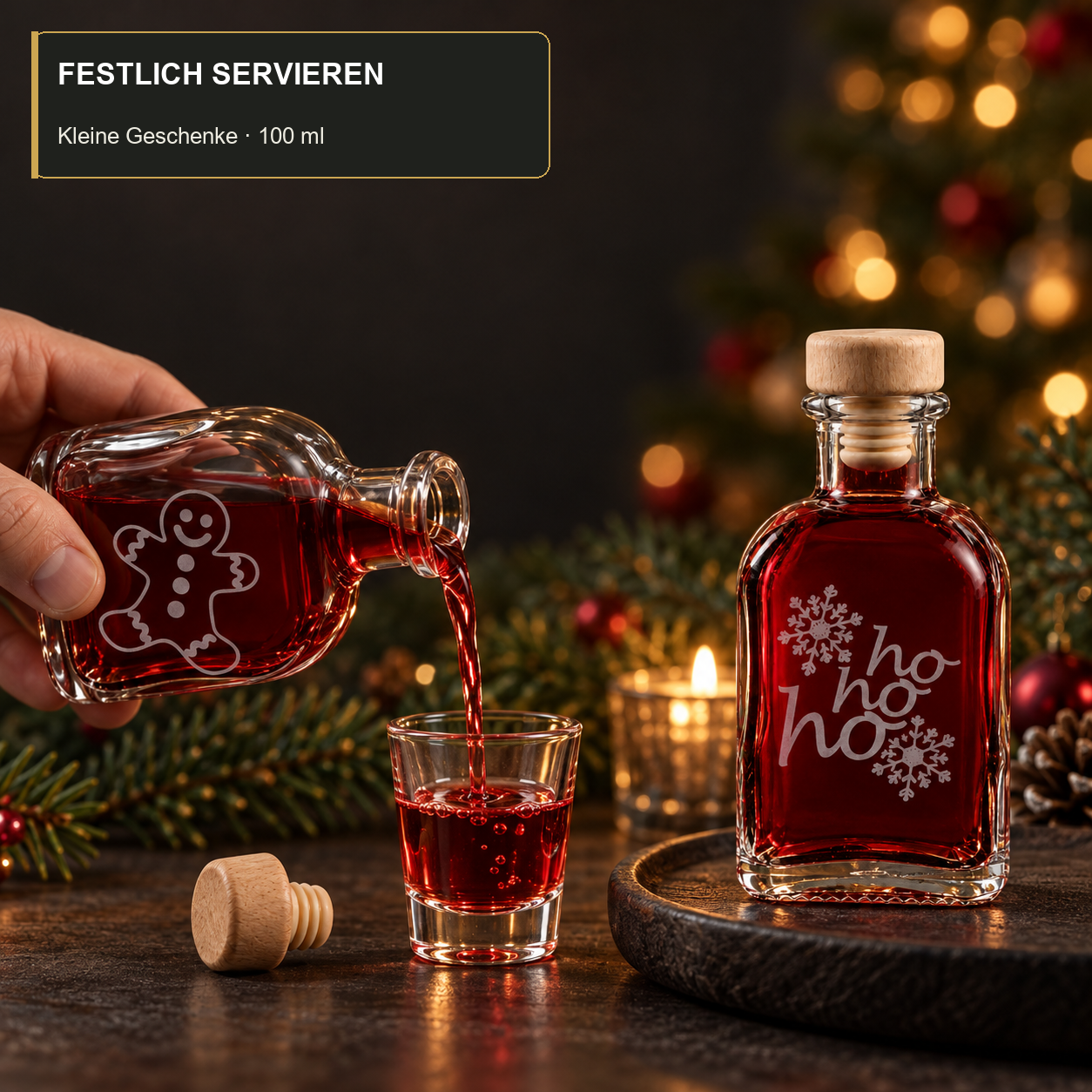 ApothekerQuadrat100 ml · Anwendungsbeispiel, leere Lieferung, Flaschen, Rotwein, Glasflasche, Weinlikör, Weihnachtsdekoration