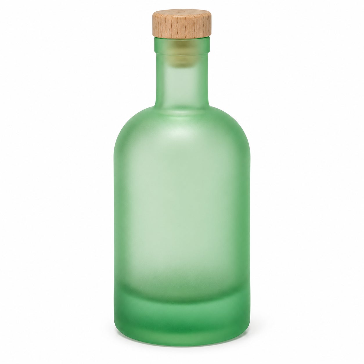 250 ml Klassikflasche frosted Grün mit Holzgriffverschluss, runde Schulter und dicker Glasboden, Glasflasche, grünes Glas, mattiert, Holzverschluss, zylindrischer Korpus