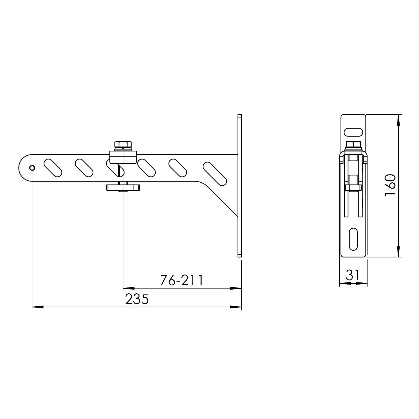 Zeichnung Wandarm 250 von dem Schienensystem Joker95 mit den Maßen 250x31x120mm