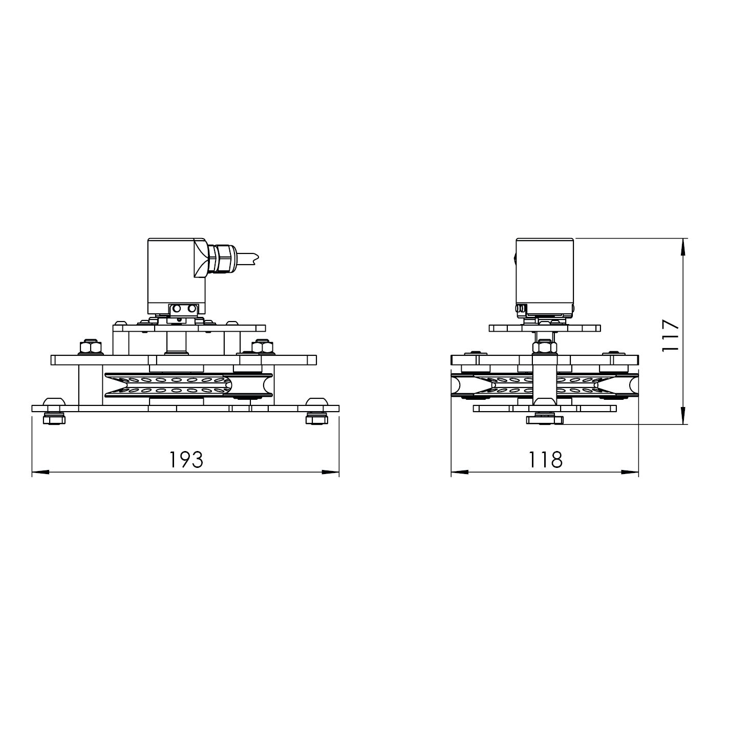 Zeichnung Umlenkrolle mit integriertem Inkrementalgeber von dem Schienensystem Trumpf95 mit den Maßen 193x118x104mm