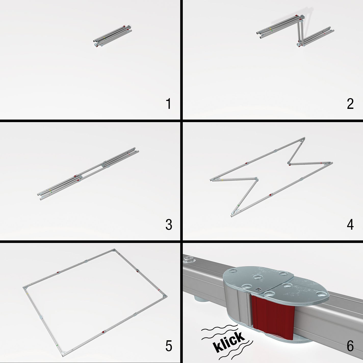 sechs kleine Bilder zur Schritt für Schritt Erklärung zum Aufbau eines Monoblox 32-64 Rahmen 