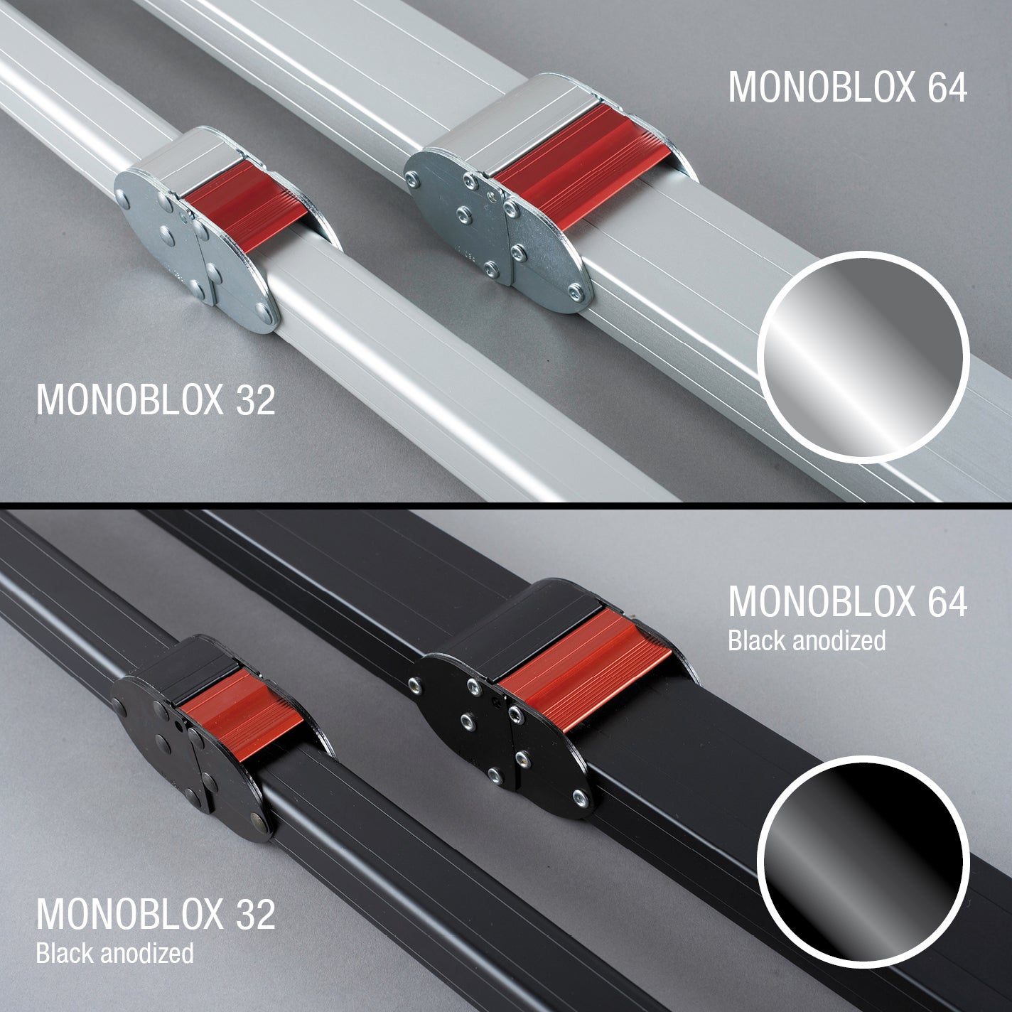 Abbildung von Monoblox 32 und 64 Profilen in schwarz und silber