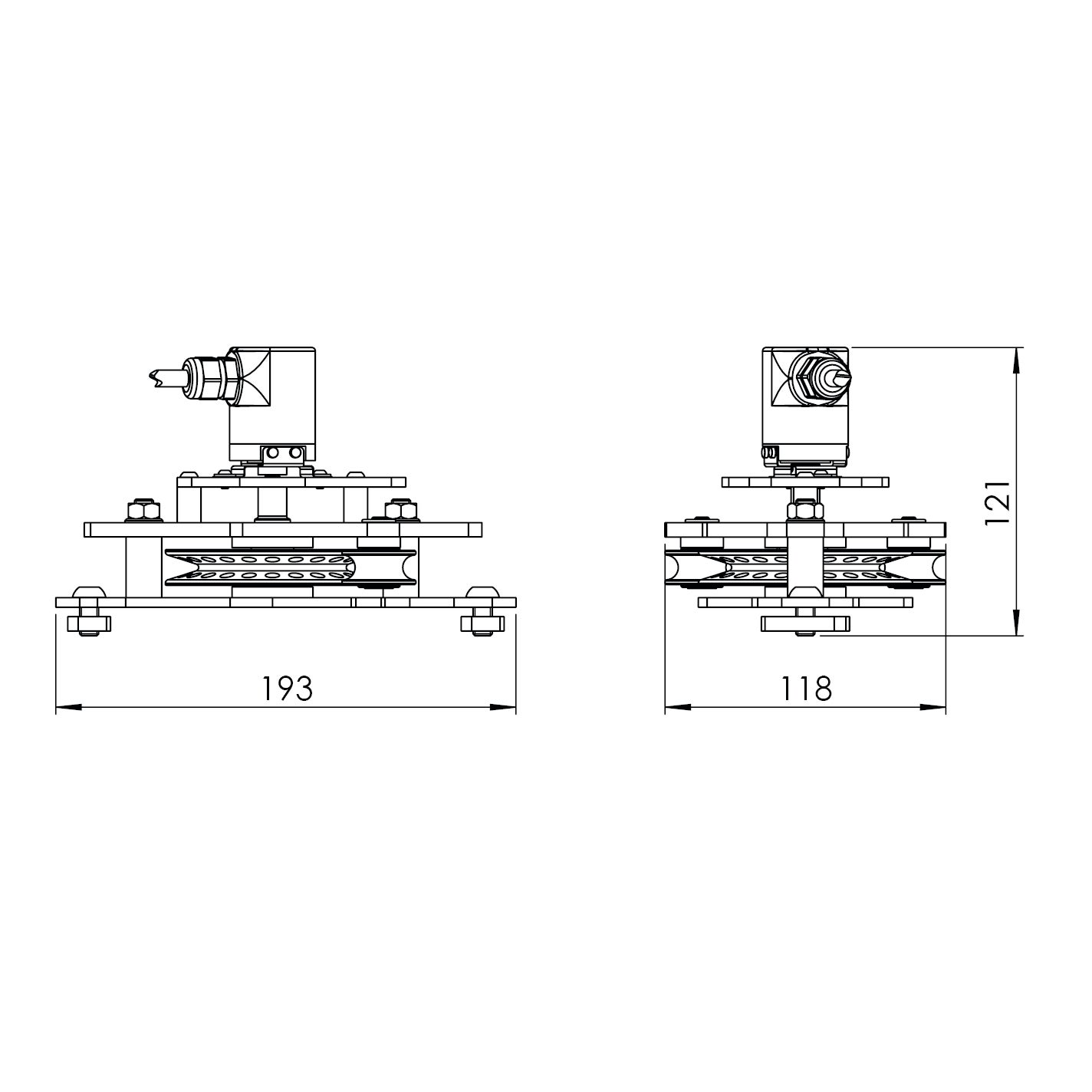Zeichnung TRAC-DRIVE Umlenkrolle mit integriertem Inkrementalgeber von dem Schienensystem Joker95 mit den Maßen 193x108x118mm