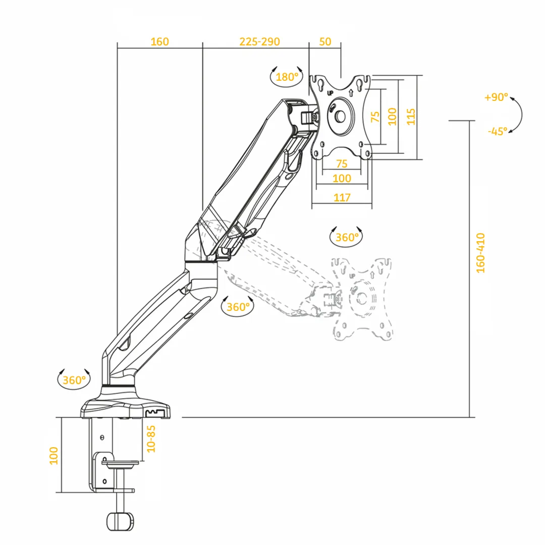 monitorarm, flexible arm, gas-spring, mounting plate, tilt-swivel