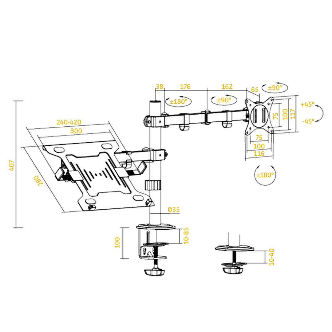 monitor-arm, desktop-mount, articulating-arm, swivel-base, mounting-dimension