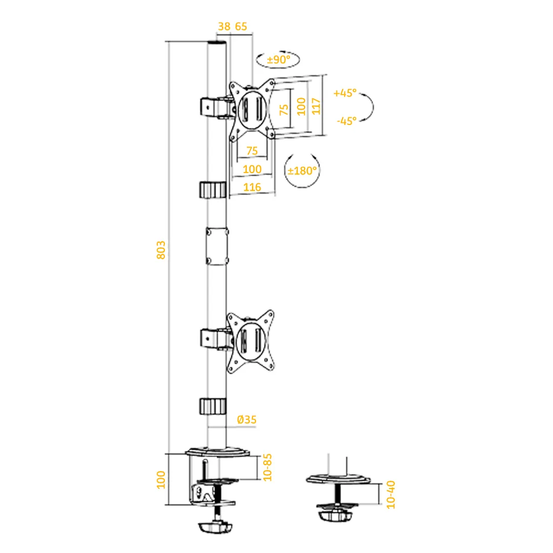 Monitorarm, VESA-Halterung, Verstellbarer Arm, Klemmhalter, Maße-Figuren