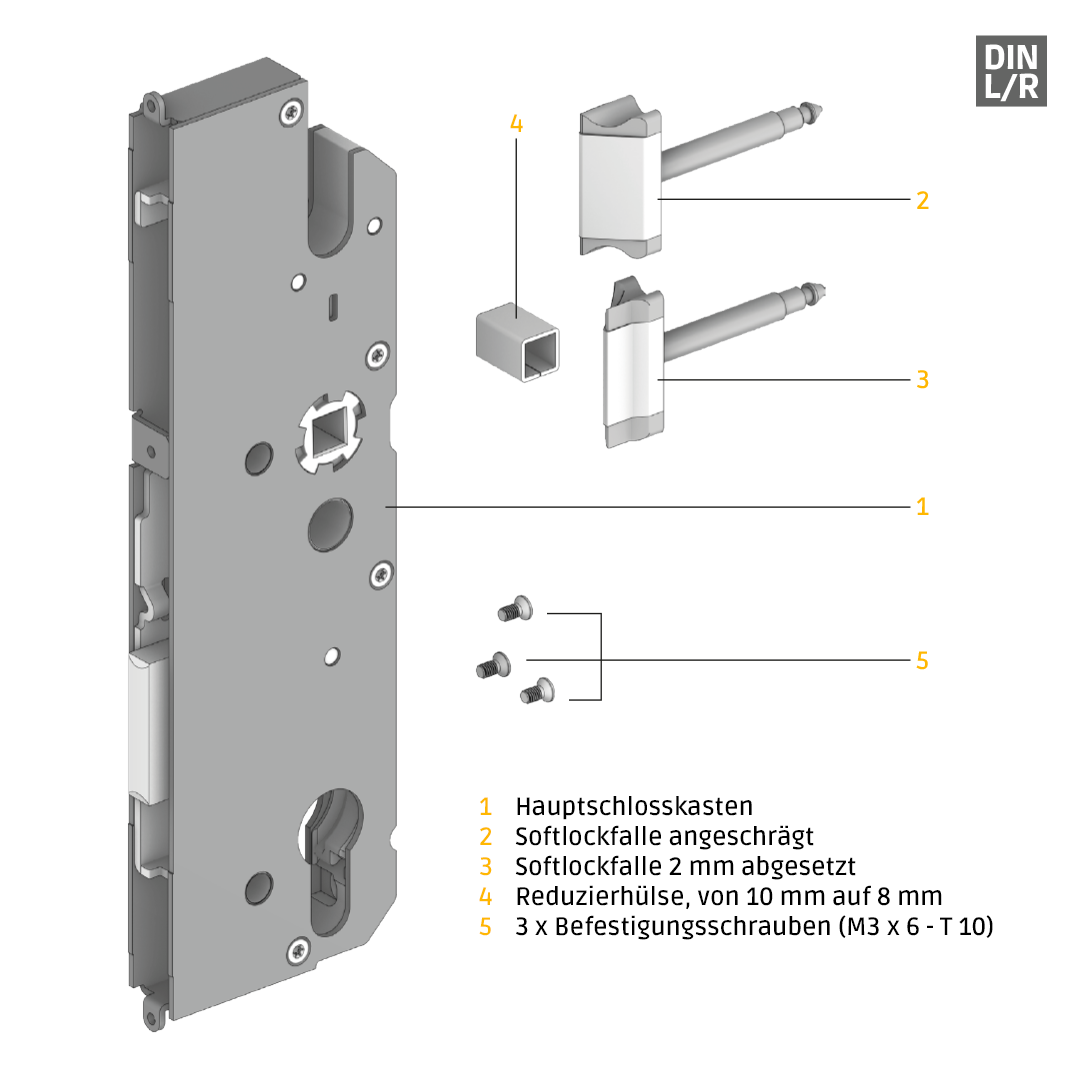 Hauptschlosskasten, Softlockfalle, Softlockfalle 2 mm, Reduzierhülse, Befestigungsschrauben