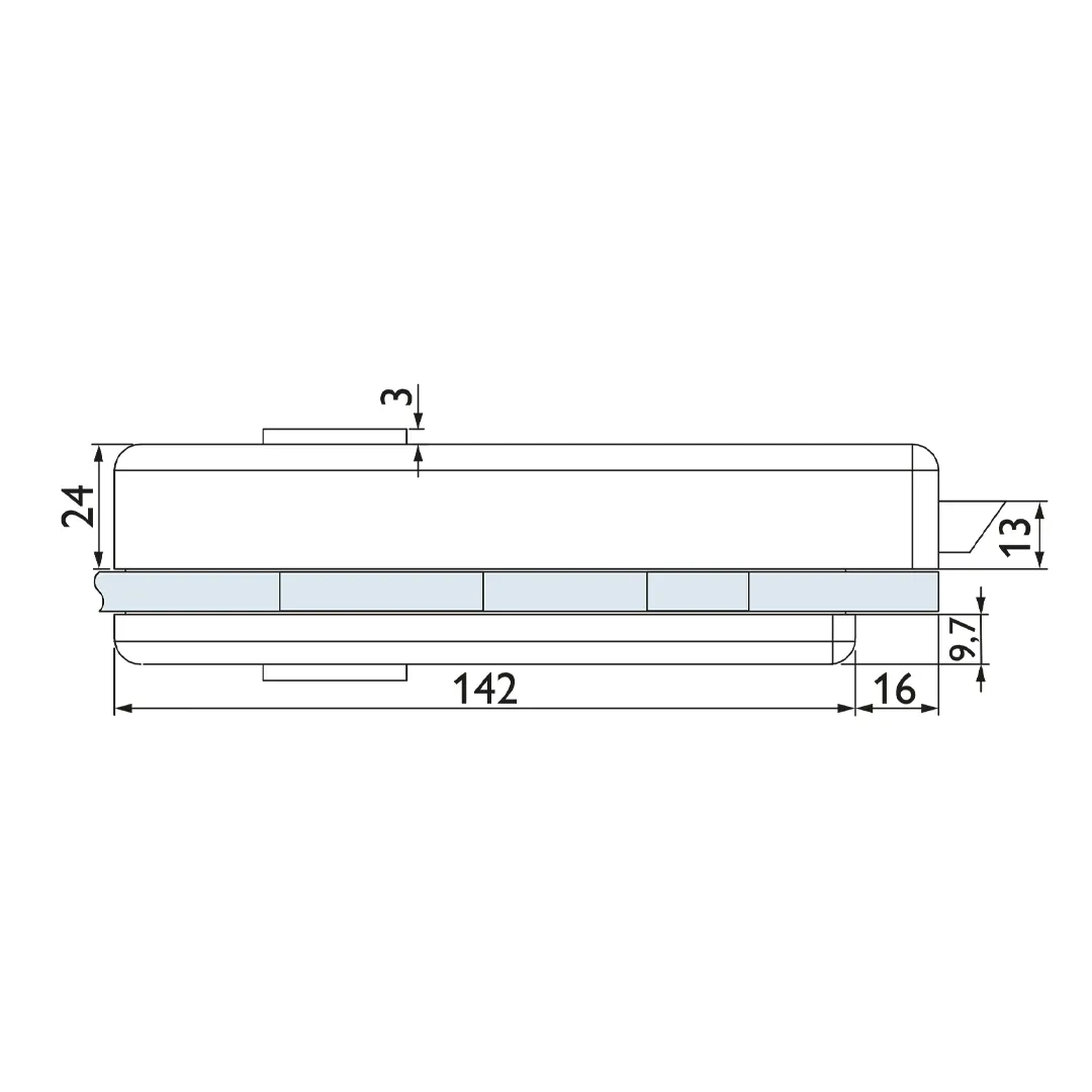 mechanical part, rechteckiger block, Maße 142mm, Nutenseite, Vorderansicht