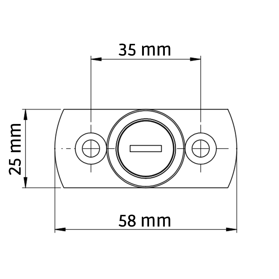zylinder, zentraler schlitz, zwei bohrungen, konstruktionszeichnung, abmessungen 58x25x35 mm