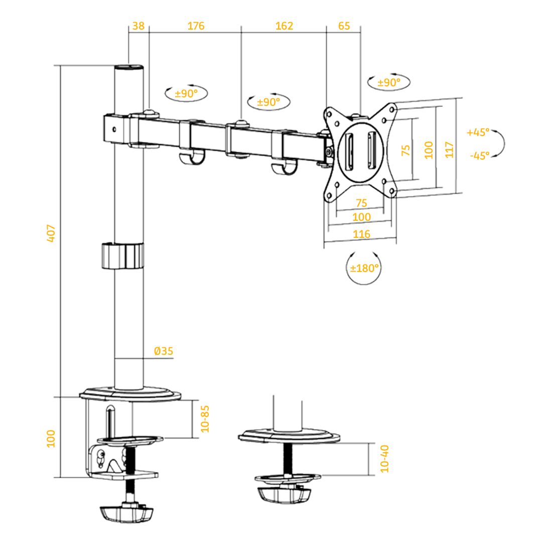 Monitorarm, Desk mount, Knickarm, VESA-Halterung, Verstellbare Höhe