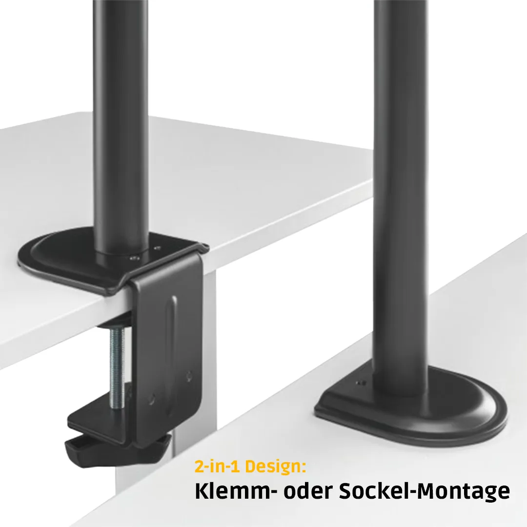 2-in-1 Design, Montage Halterung, Klemmung, Standfuß, Montagebauteile