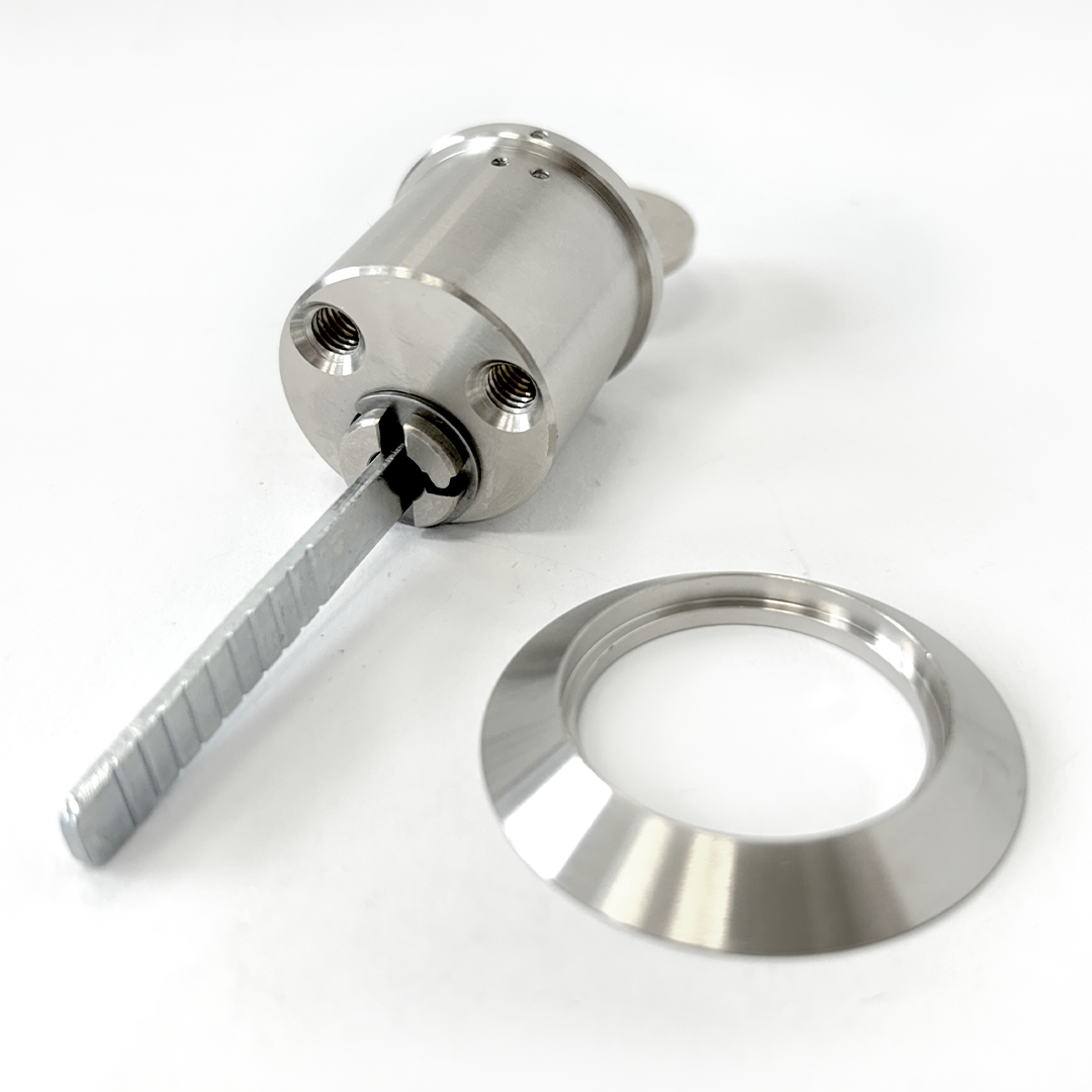 zylindrischer Aktuator, Metallschaft, bearbeitetes Teil, Silberfarbene Oberfläche, Ringscheibe