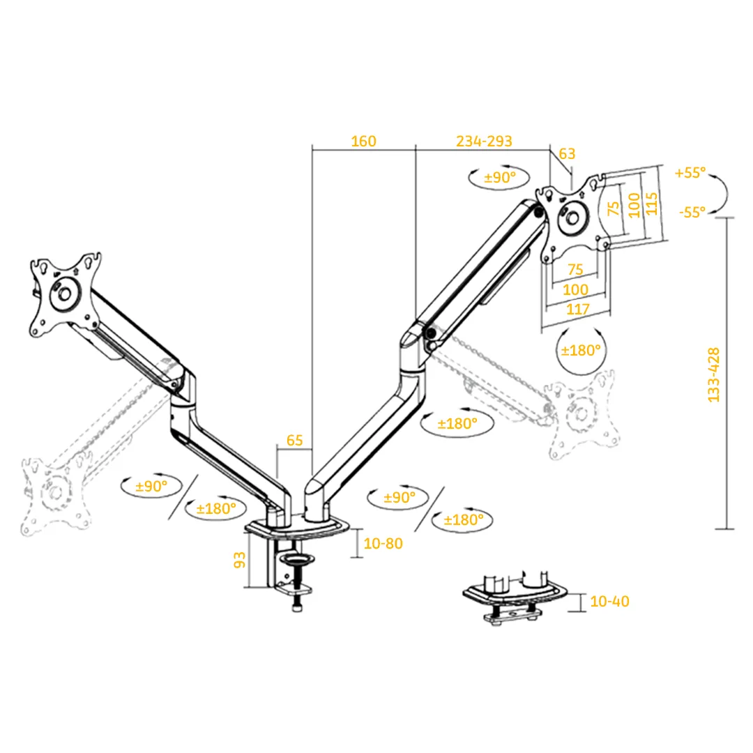 monitor-arm, dual-monitor, articulated, gas-spring, montage-platte