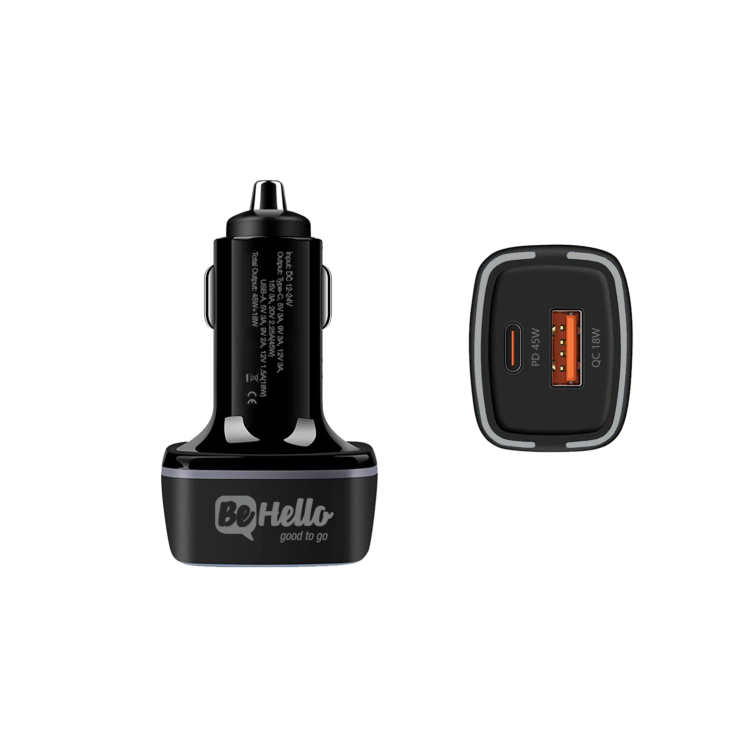 BeHello Autolader met 2 poorten 45W (USB-C en USB-A) zwart