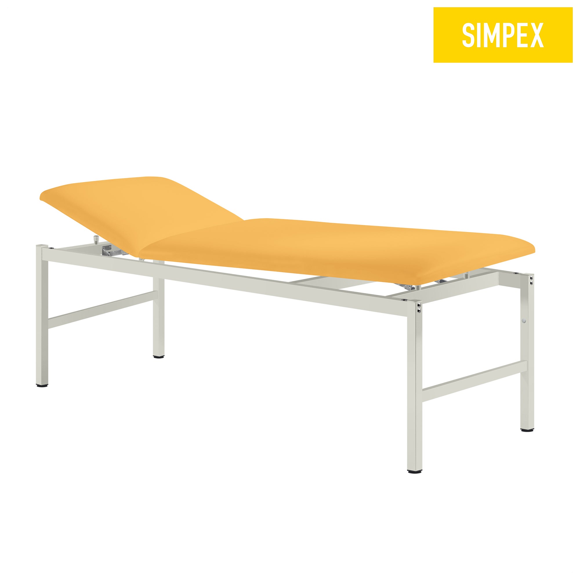 Gelbe VS-SIESTA Behandlungsliege mit Komfortpolsterung und feststehendem Gestell, ideal für Sanitätsräume und Pflegeeinrichtungen.