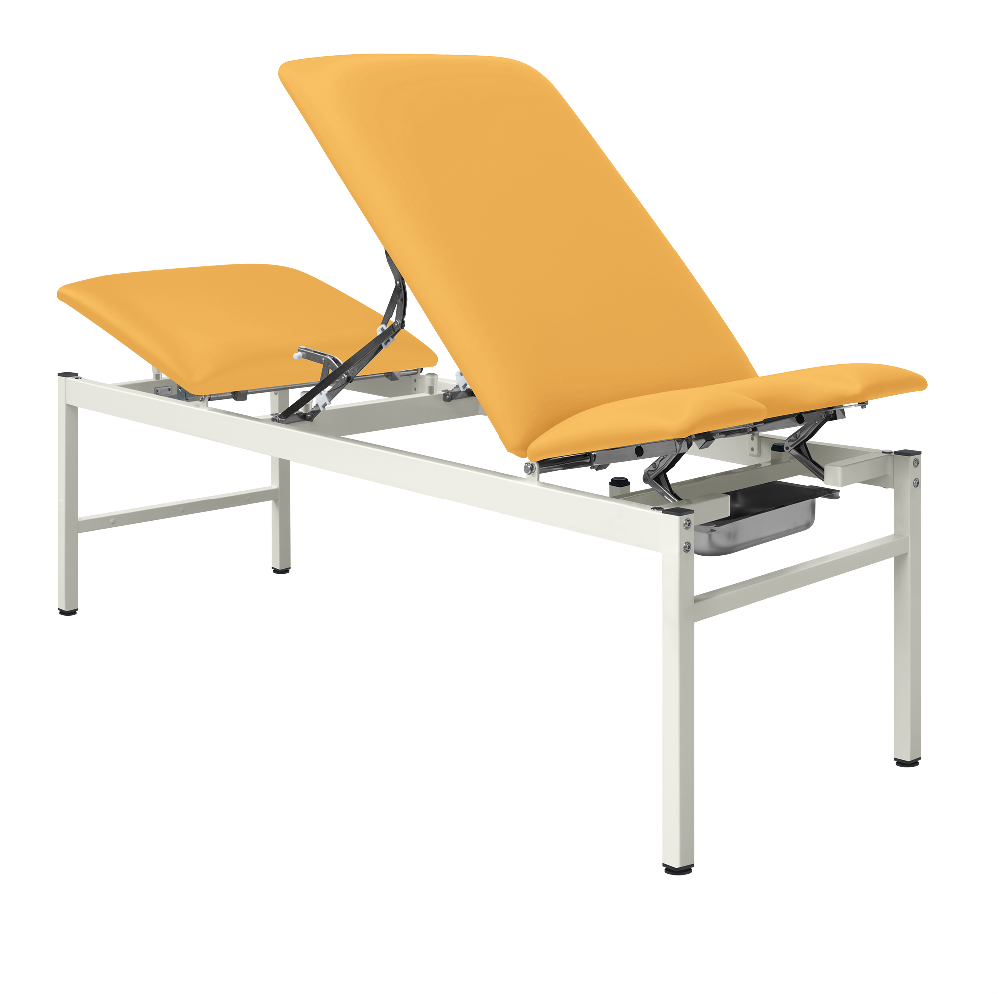 Gelbe VS-GYN Behandlungsliege mit Kunstlederbezug und verchromtem Gestell, ideal für medizinische Anwendungen.